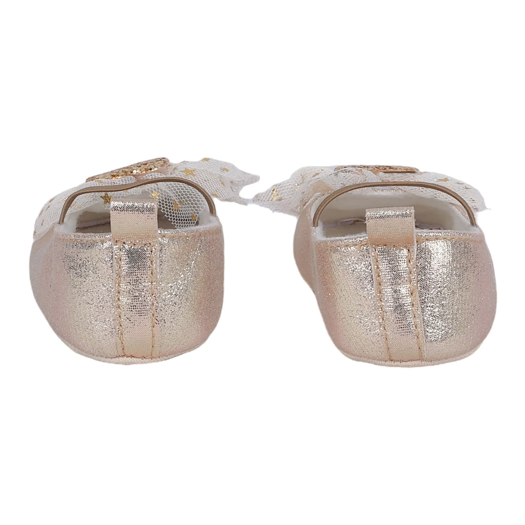 Baby Moo Embellished Bow Glittery Heart Anti-Skid Ballerina Booties - Gold