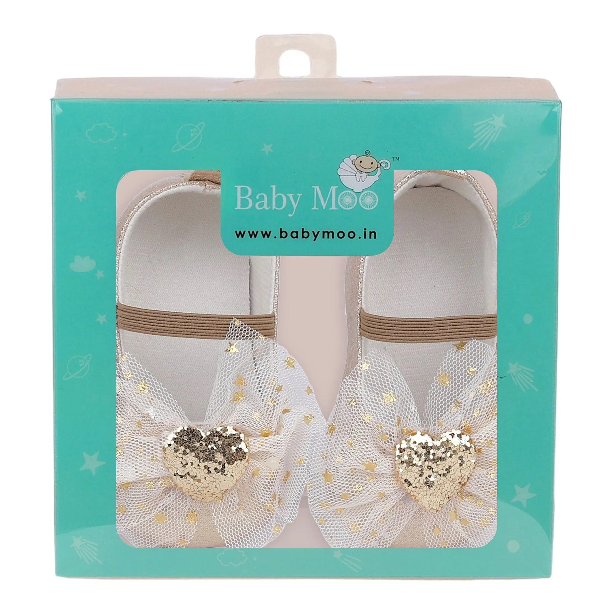Baby Moo Embellished Bow Glittery Heart Anti-Skid Ballerina Booties - Gold