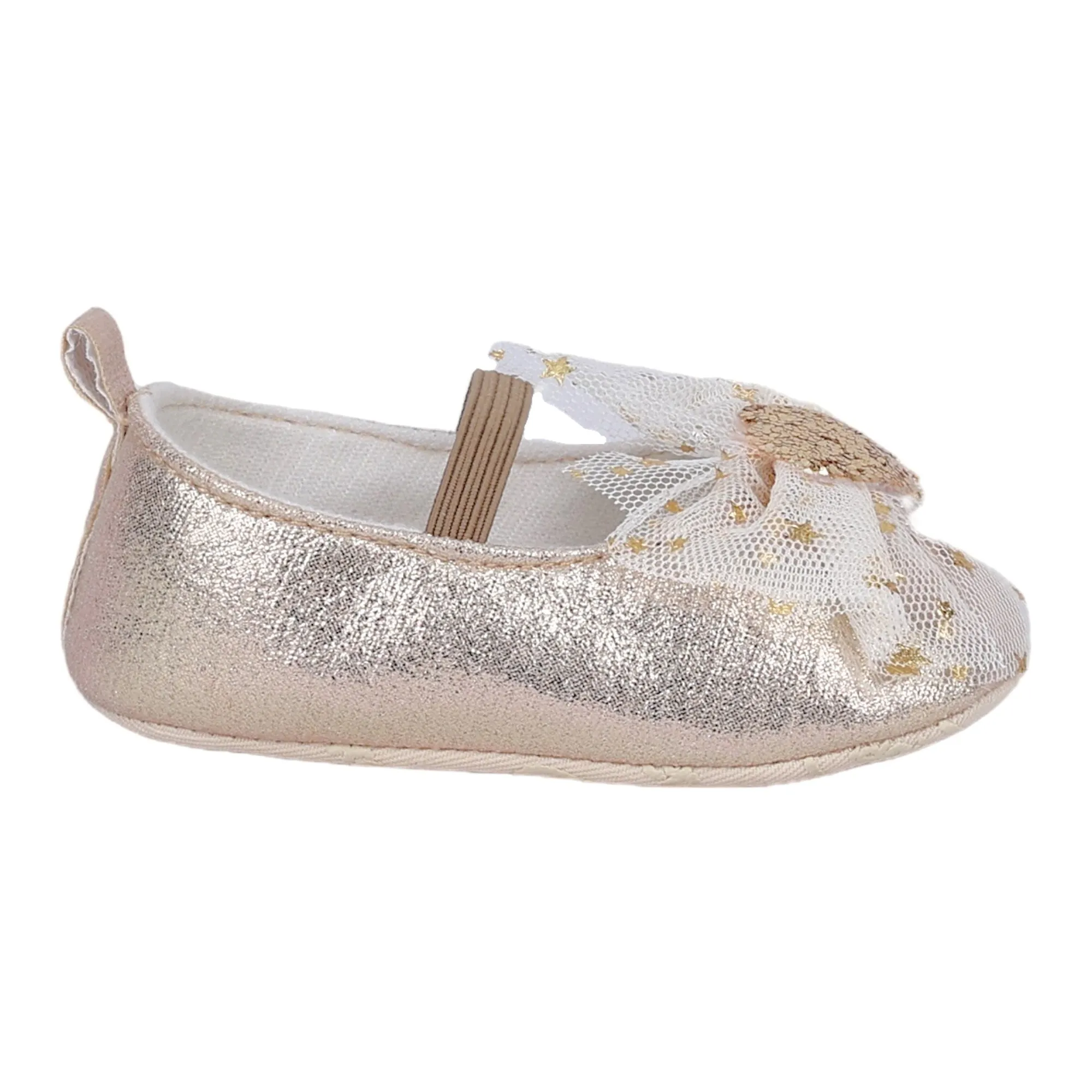 Baby Moo Embellished Bow Glittery Heart Anti-Skid Ballerina Booties - Gold