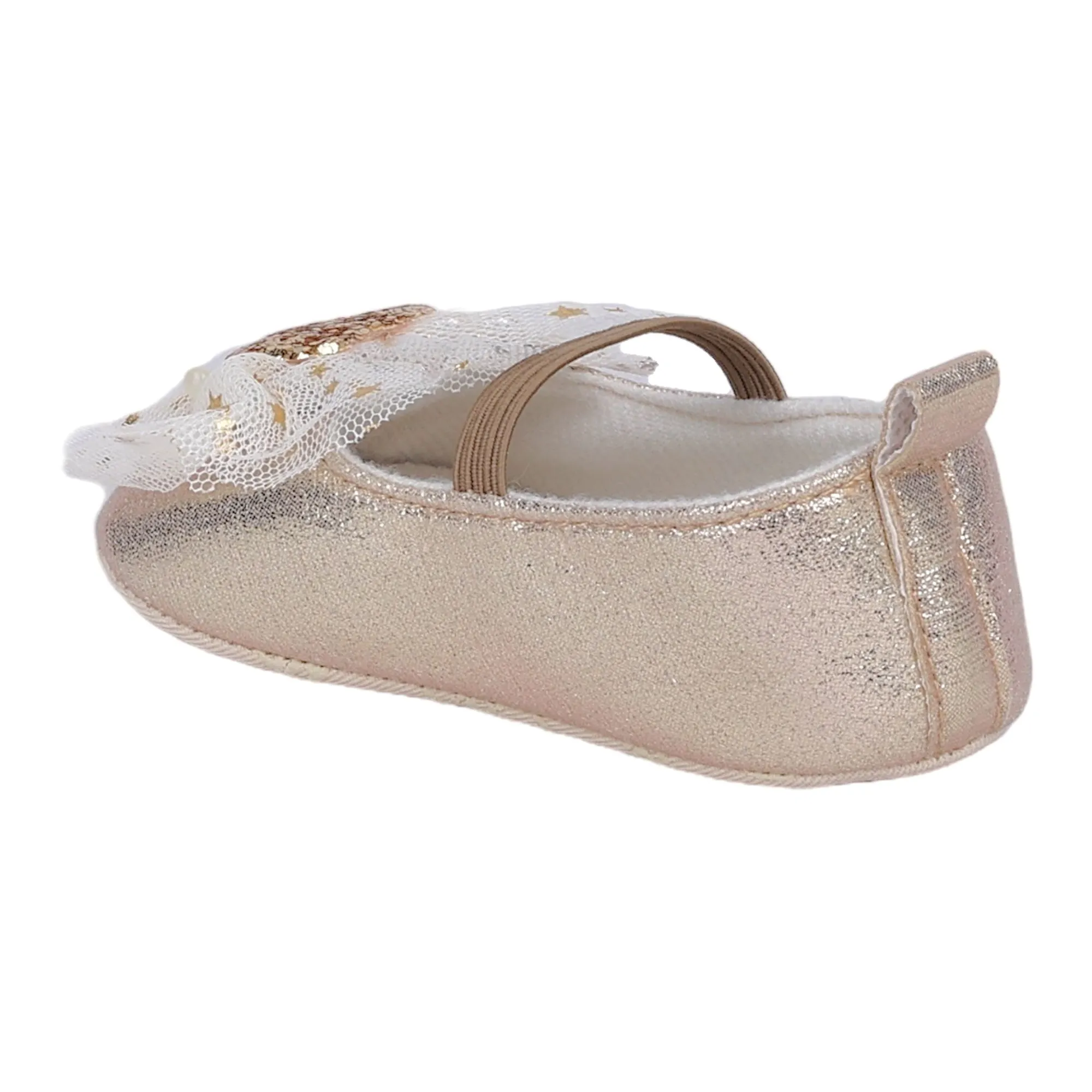 Baby Moo Embellished Bow Glittery Heart Anti-Skid Ballerina Booties - Gold