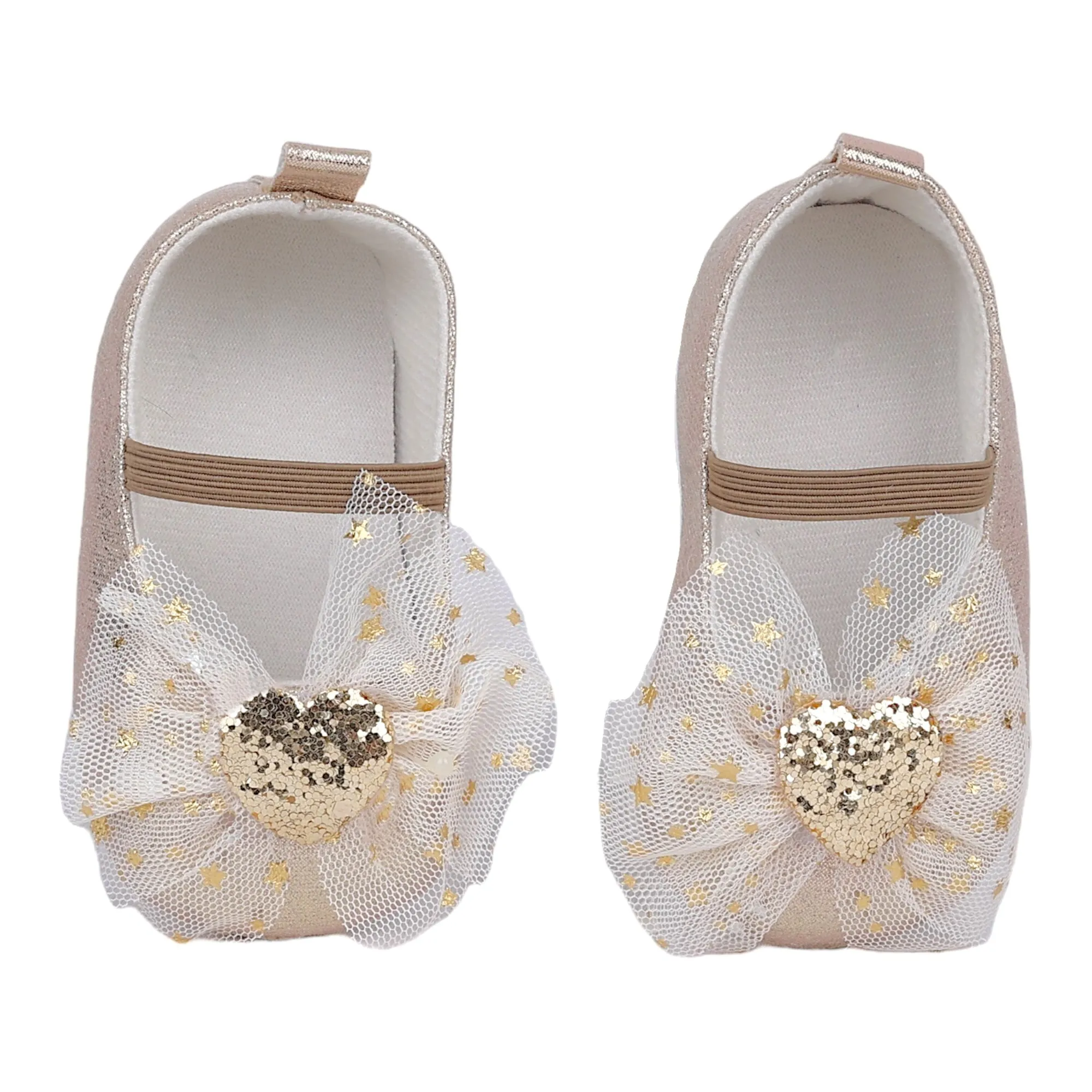 Baby Moo Embellished Bow Glittery Heart Anti-Skid Ballerina Booties - Gold