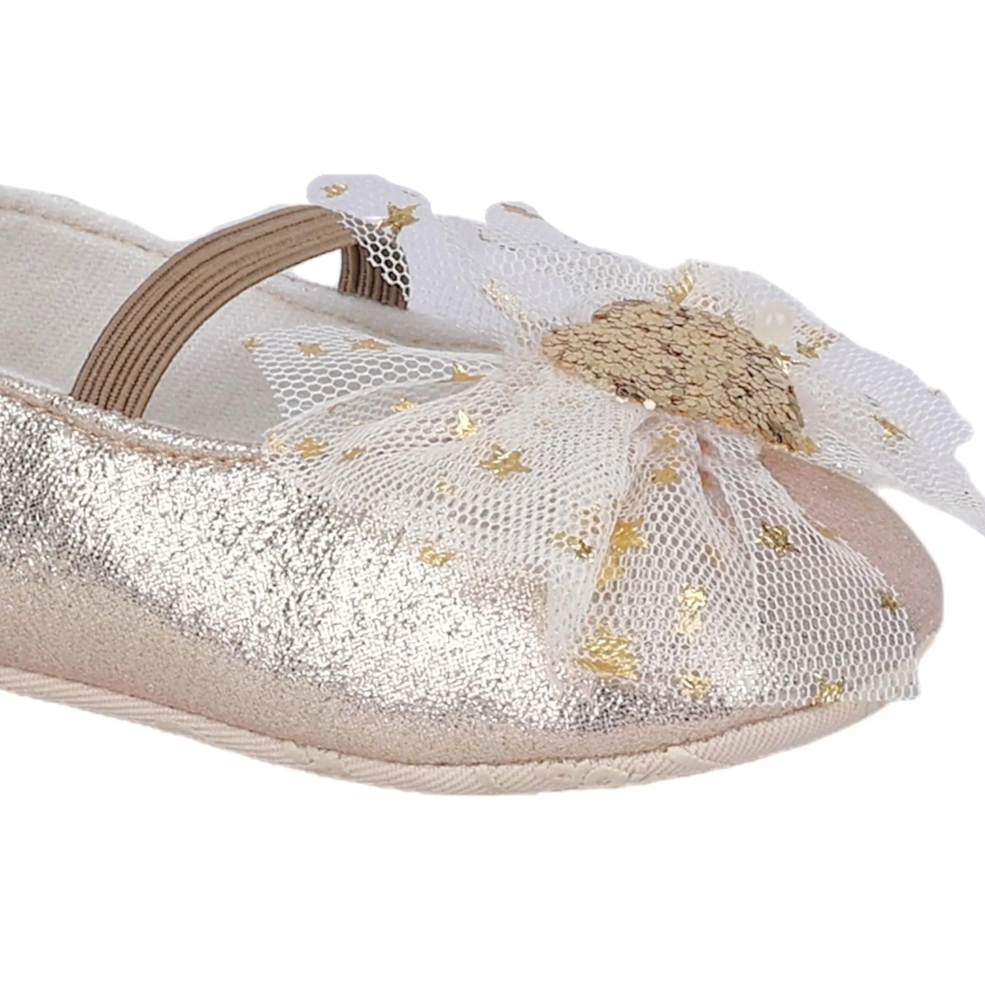 Baby Moo Embellished Bow Glittery Heart Anti-Skid Ballerina Booties - Gold