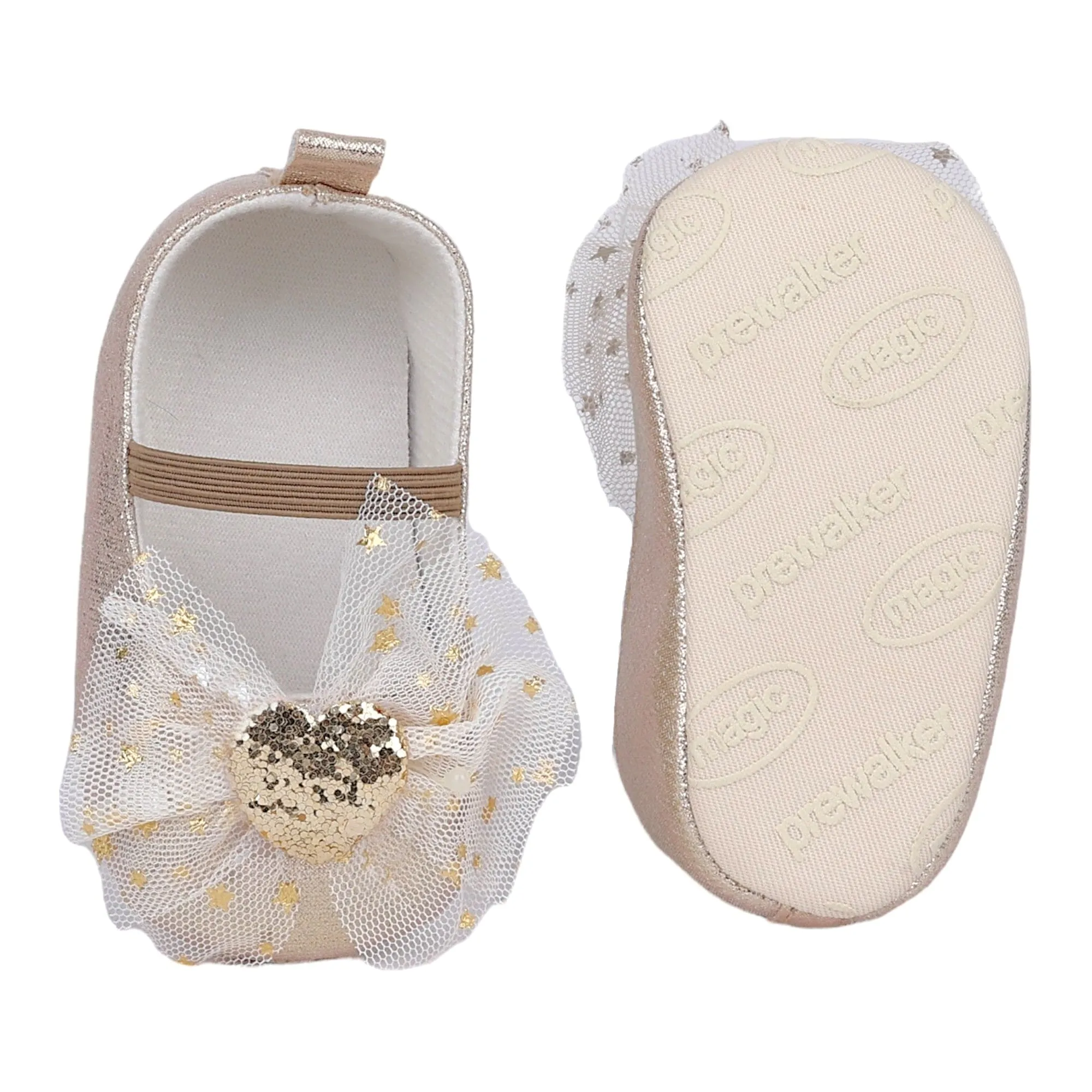 Baby Moo Embellished Bow Glittery Heart Anti-Skid Ballerina Booties - Gold