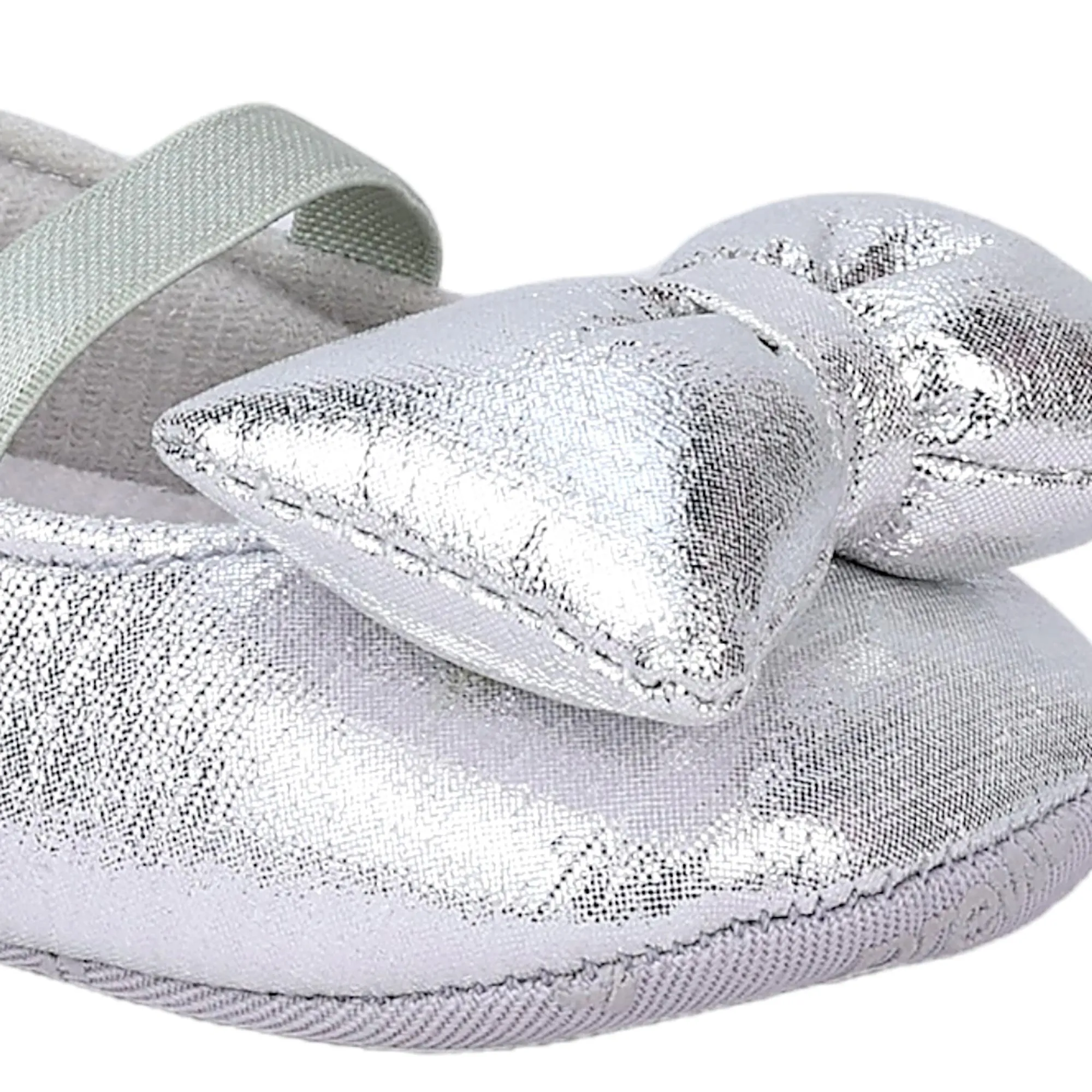 Baby Moo Partywear Shiny Bow Elastic Strap Anti-Skid Ballerina Booties - Silver