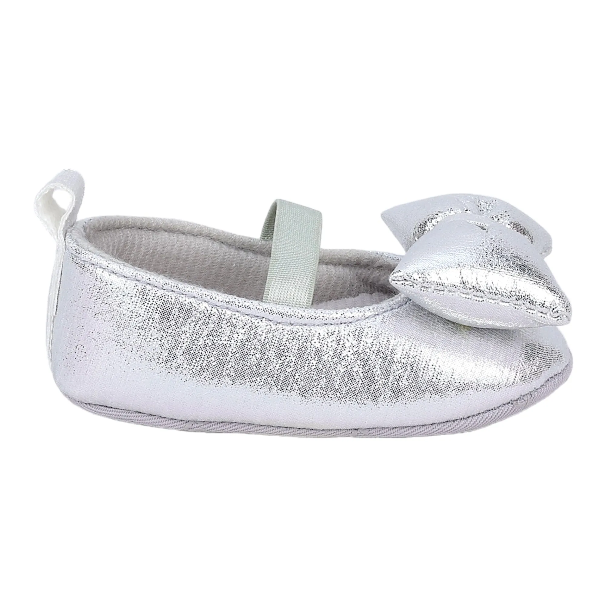 Baby Moo Partywear Shiny Bow Elastic Strap Anti-Skid Ballerina Booties - Silver