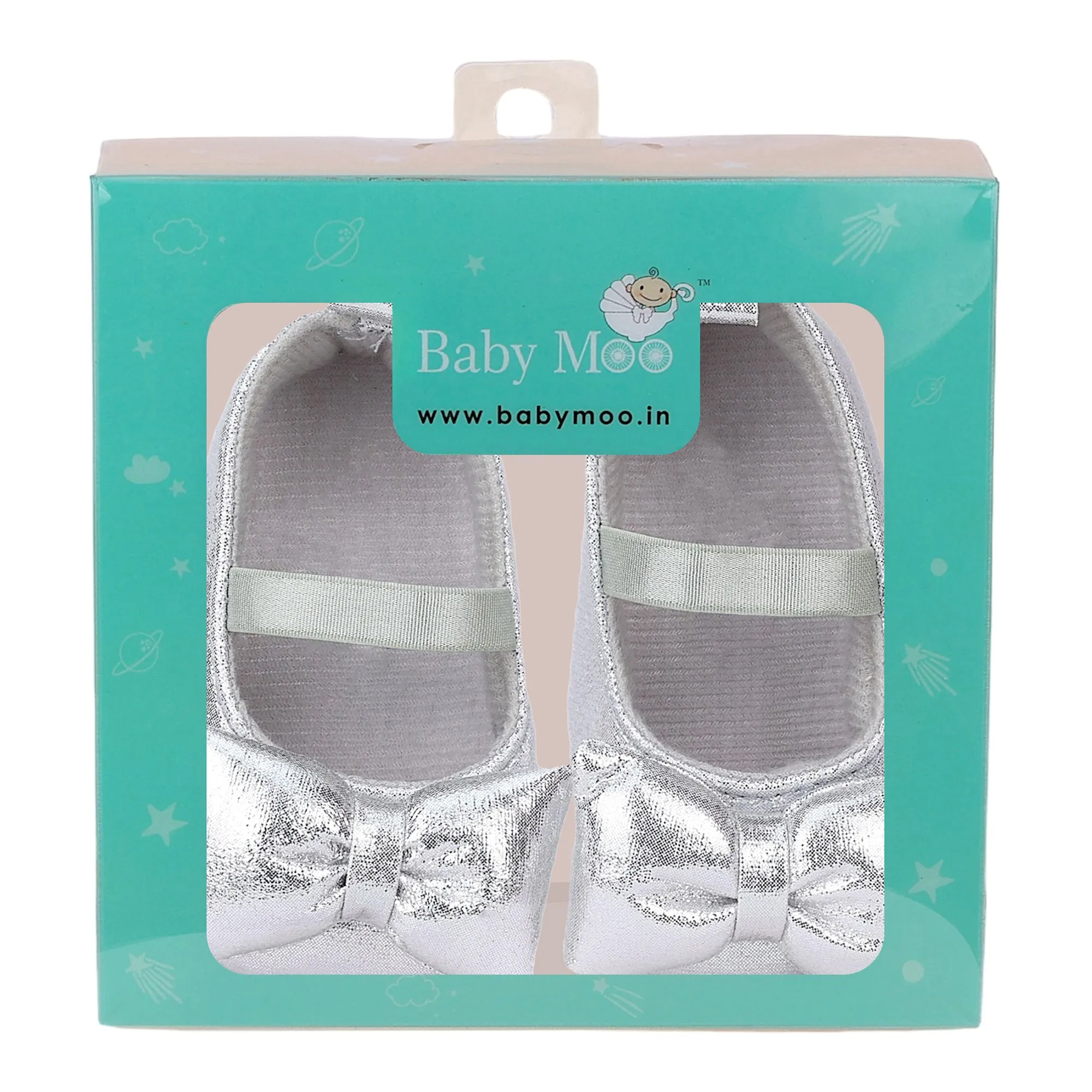 Baby Moo Partywear Shiny Bow Elastic Strap Anti-Skid Ballerina Booties - Silver