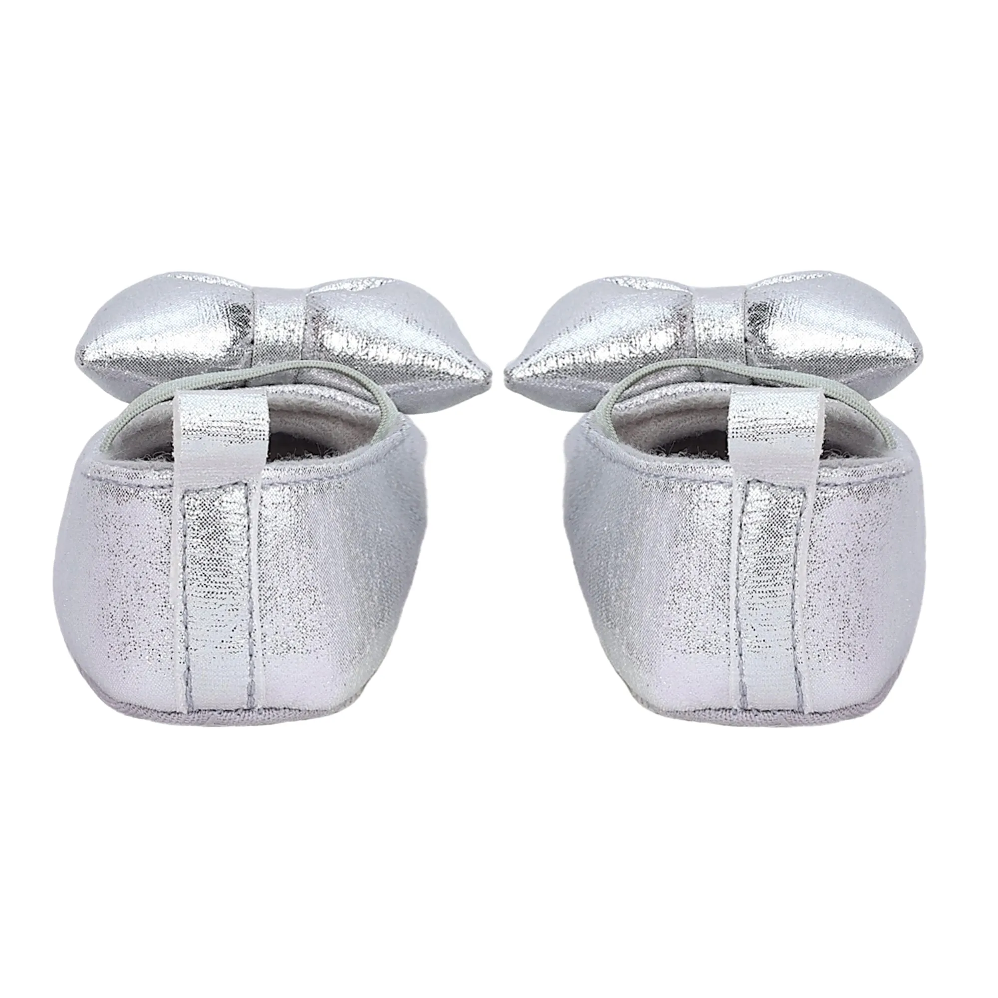 Baby Moo Partywear Shiny Bow Elastic Strap Anti-Skid Ballerina Booties - Silver