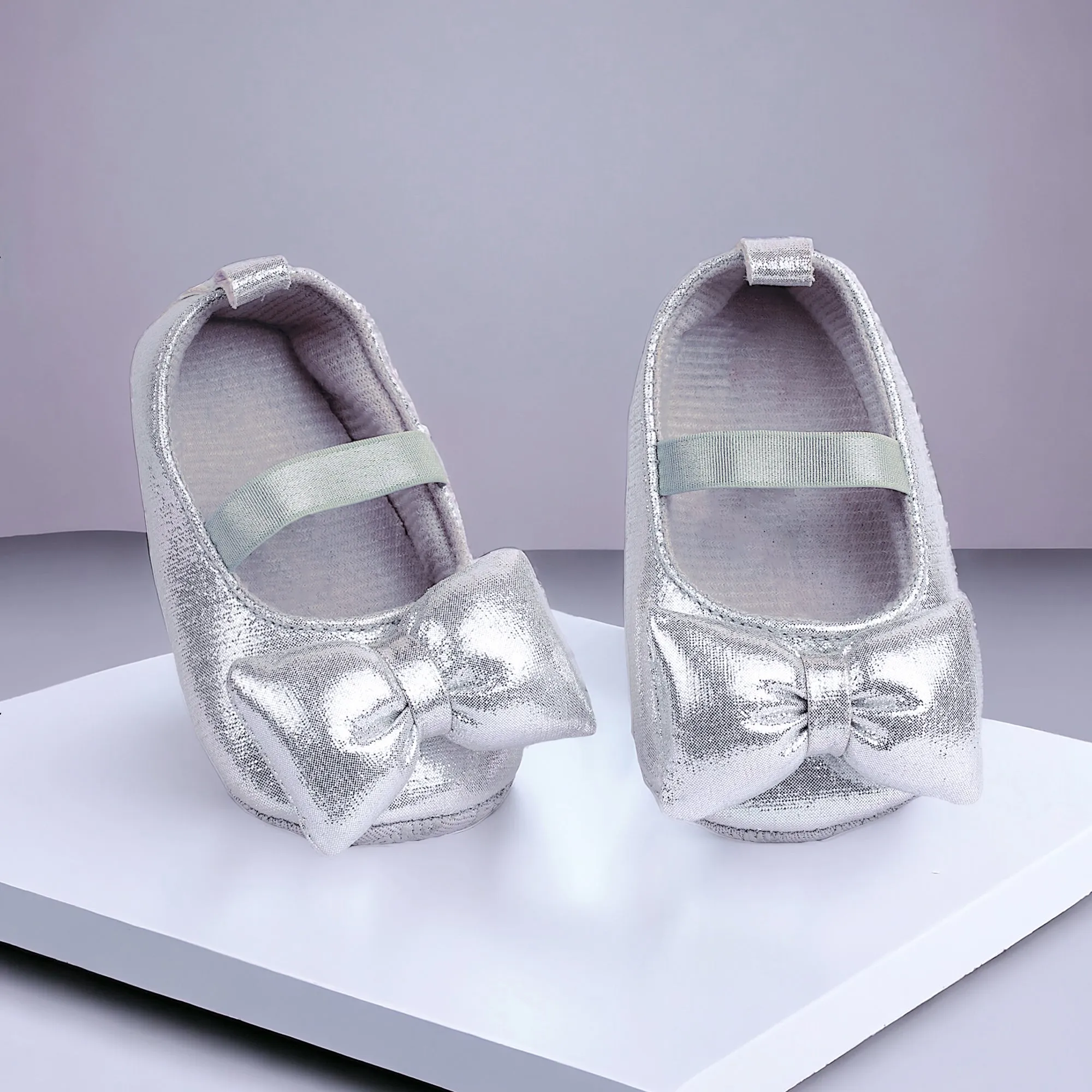 Baby Moo Partywear Shiny Bow Elastic Strap Anti-Skid Ballerina Booties - Silver