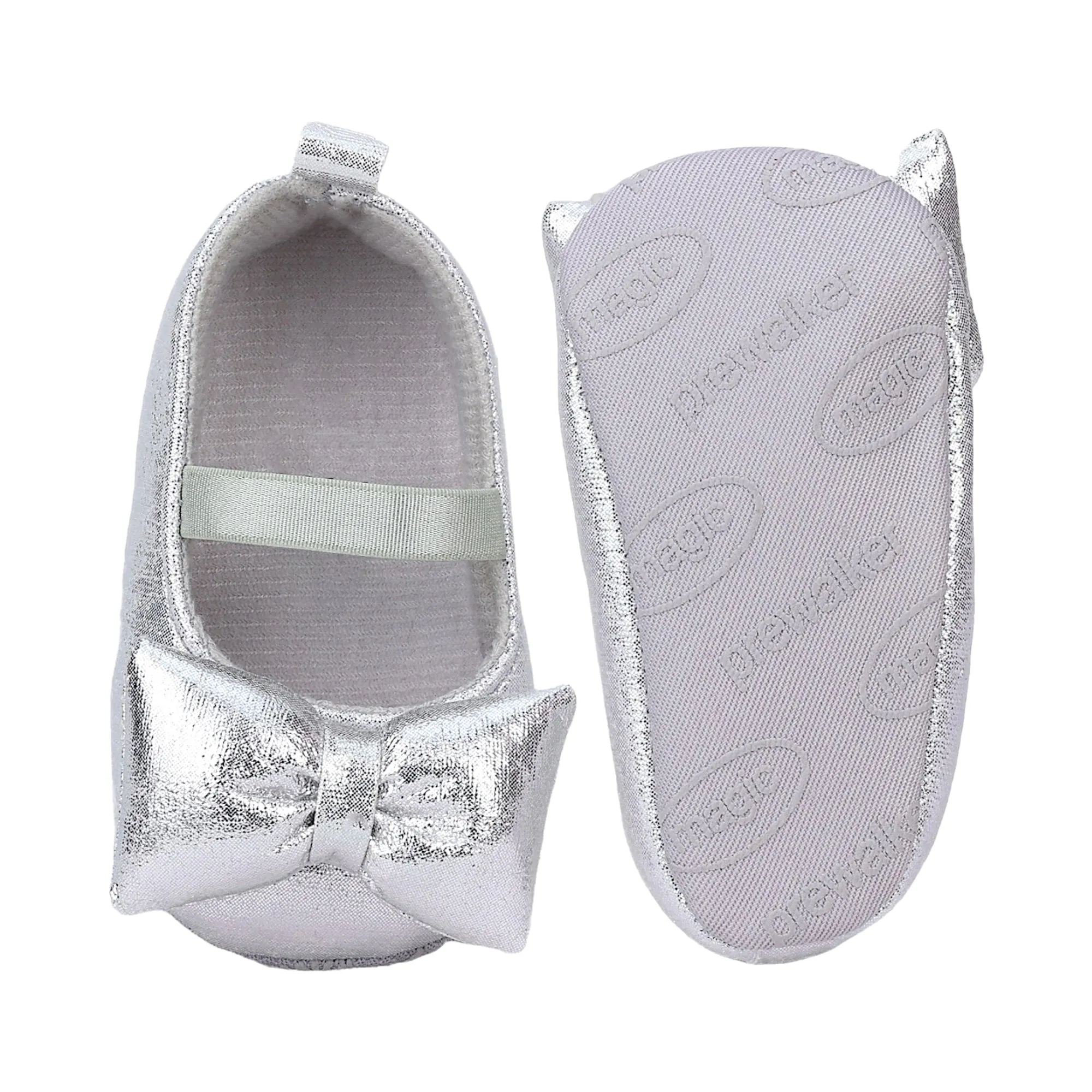 Baby Moo Partywear Shiny Bow Elastic Strap Anti-Skid Ballerina Booties - Silver