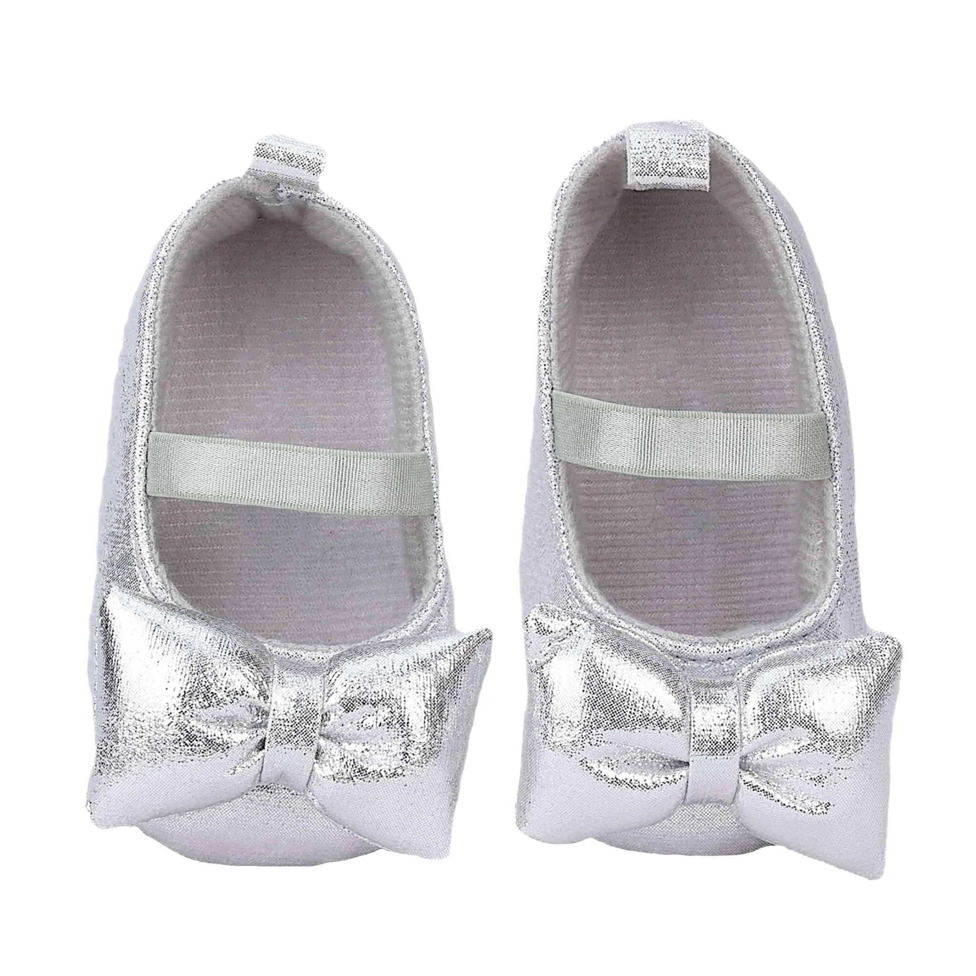 Baby Moo Partywear Shiny Bow Elastic Strap Anti-Skid Ballerina Booties - Silver