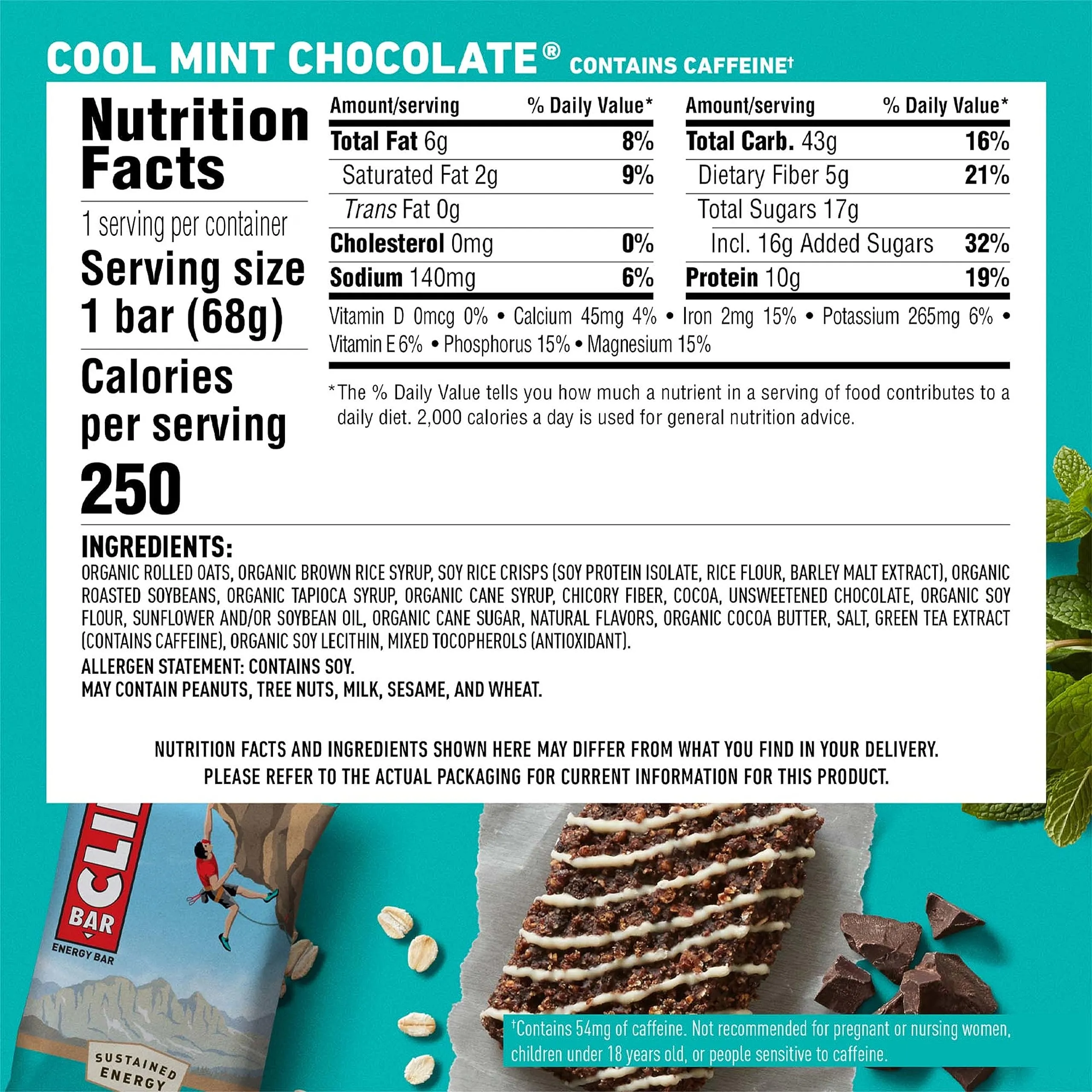 CLIF BAR - Cool Mint Chocolate with Caffeine - Made with Organic Oats - Energy Bars - Non-GMO - Plant Based Protein Bars (10 Pack)