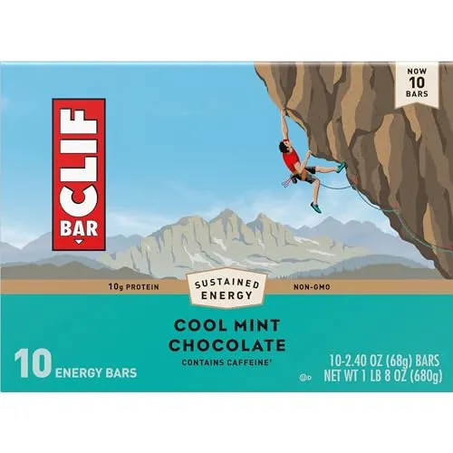 CLIF BAR - Cool Mint Chocolate with Caffeine - Made with Organic Oats - Energy Bars - Non-GMO - Plant Based Protein Bars (10 Pack)