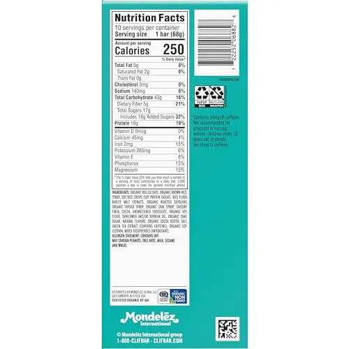 CLIF BAR - Cool Mint Chocolate with Caffeine - Made with Organic Oats - Energy Bars - Non-GMO - Plant Based Protein Bars (10 Pack)