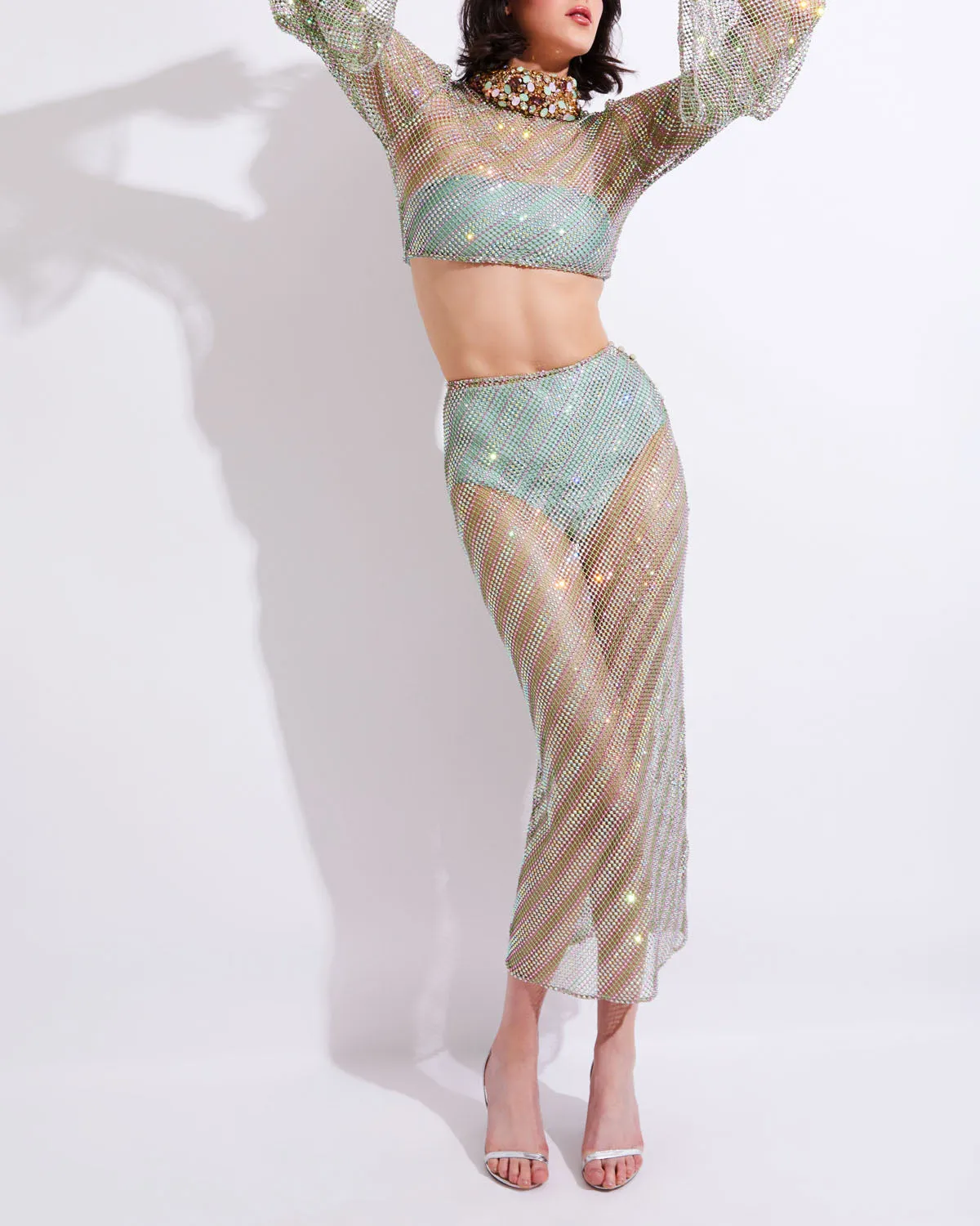 Rhinestone-Netted Midi Skirt